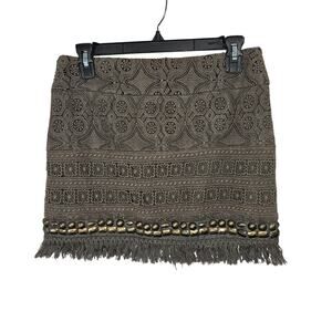 Brown Lace Fringe Beaded Mini Skirt. Leshop. Size Small.
